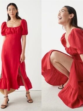 & Other Stories linen  Red Puff-Sleeve Midi Dress